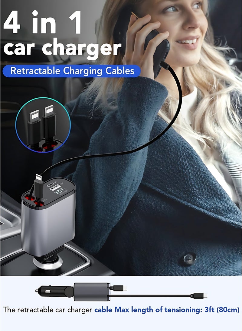 4-in-1 Retractable Car Charger USB-C Fast Charging Car Adapter with Built-in Cables for iPhone & USB-C Devices - Image 2